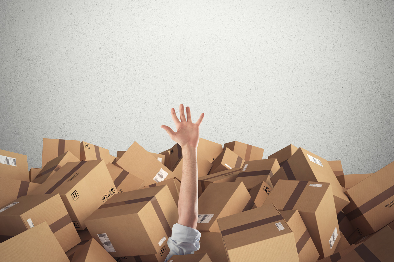 Man Buried by a Stack of Cardboard Boxes. 3D Rendering